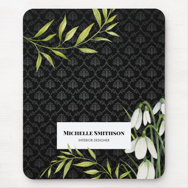Watercolor White Snowdrops and Laurel Damask Mouse Pad (Front)