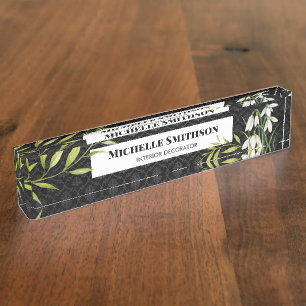 Watercolor White Snowdrops and Laurel Damask Nameplate