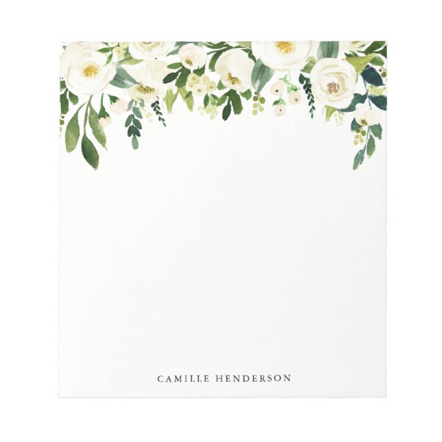 Watercolor White Spring Flowers Custom Name Notepad (Front)