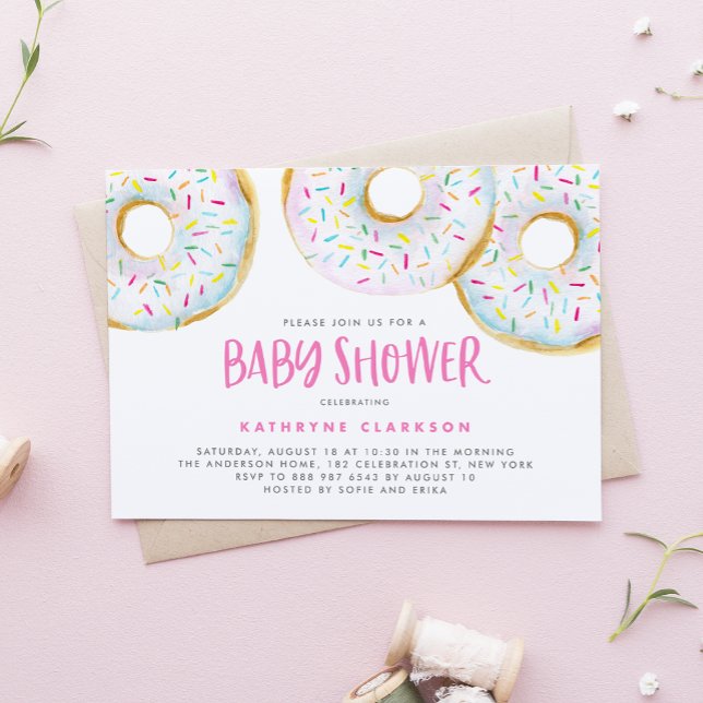Watercolor White Sprinkle Doughnuts Baby Shower Invitation (Creator Uploaded)