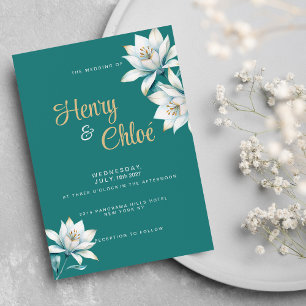 Watercolor white teal gold lily floral Wedding Invitation
