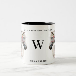 Watercolor White Unicorn Horse Monogram w/ Name    Two-Tone Coffee Mug