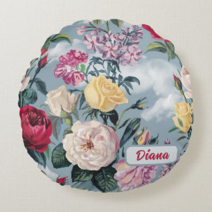  Watercolor White, Yellow And Pink Roses  Round Cushion