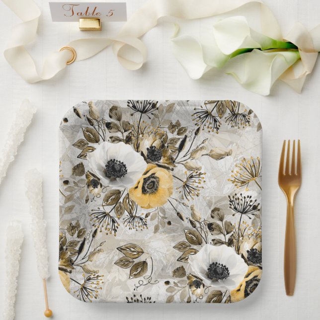 Watercolor white, yellow flowers paper plate (Wedding)