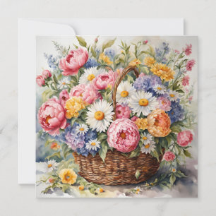 Watercolor Wicker Basket with Summer Flowers Card