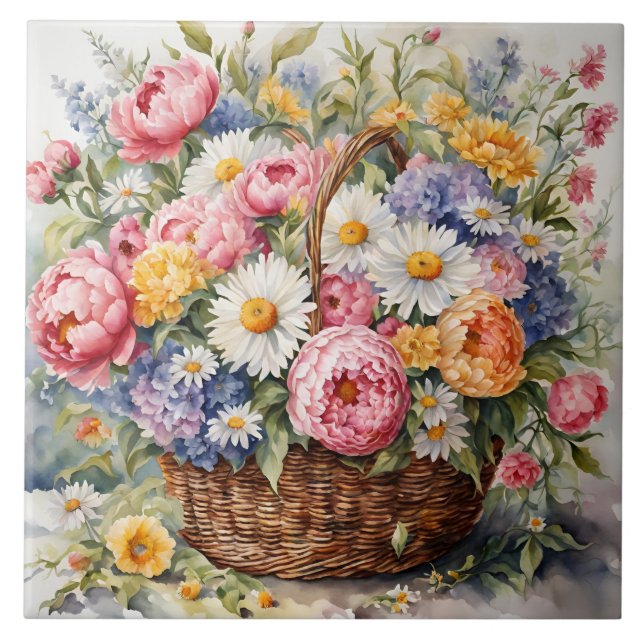 Watercolor Wicker Basket with Summer Flowers  Ceramic Tile (Front)