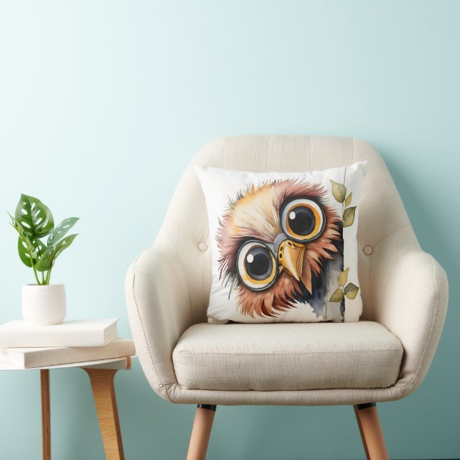 Watercolor Wide-eyed Bird  Cushion (Chair)
