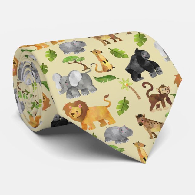Watercolor Wild Animal Safari Jungle Pattern Tie (Rolled)