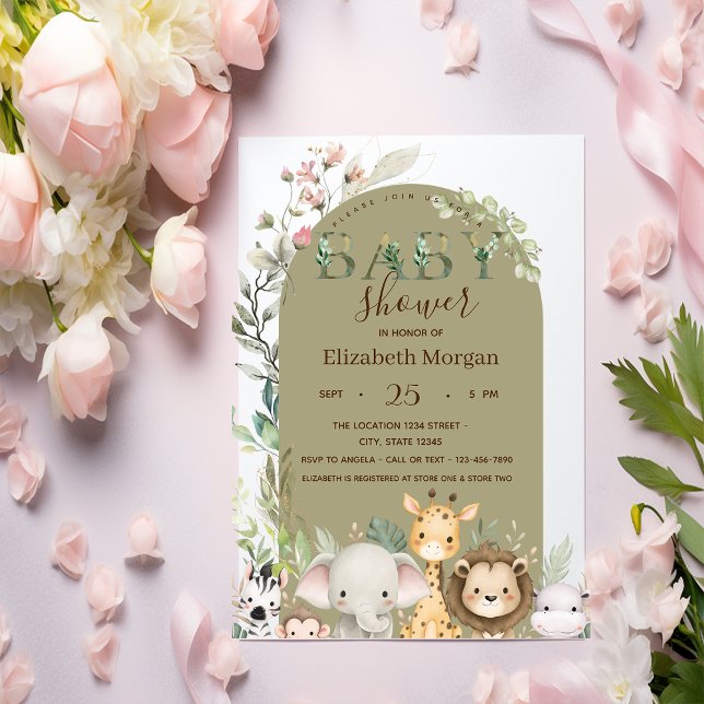 Watercolor Wild Animals Flowers Baby Shower   Invitation (Creator Uploaded)