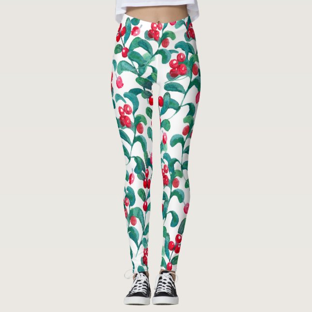 Watercolor wild berries, seamless pattern. leggings (Front)