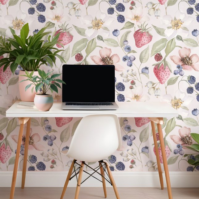 Watercolor Wild Berries Strawberry Floral Pattern Wallpaper (Watercolor Wild Berries Strawberry Floral Pattern Wallpaper)