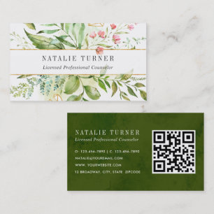 Watercolor Wild Floral Green Foliage with QR Code Business Card