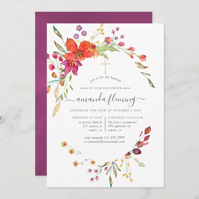 Watercolor Wild Flower Baptism or Christening Invitation (Front/Back)
