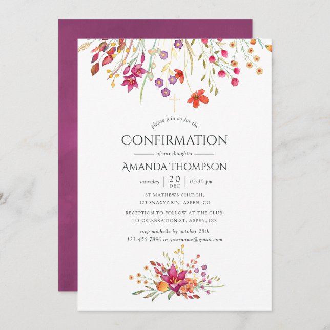 Watercolor Wild Flower Confirmation Invitation (Front/Back)