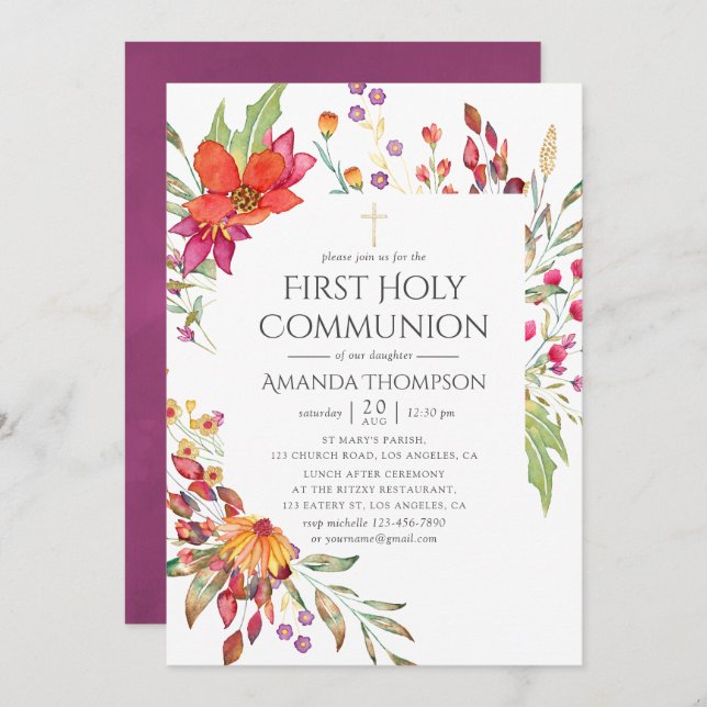 Watercolor Wild Flower First Holy Communion Invitation (Front/Back)
