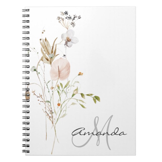 Watercolor Wild Flower Monogram Name  Notebook (Front)