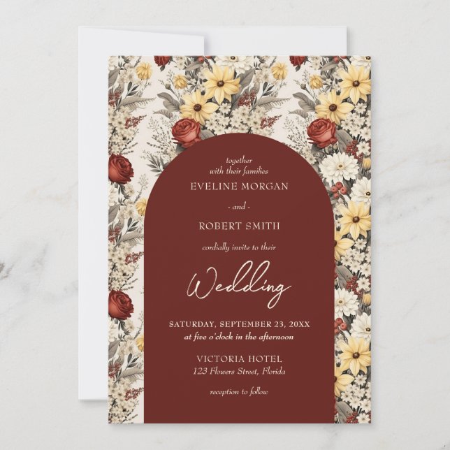 Watercolor wild flower terracotta yellow arched invitation (Front)