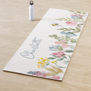 Watercolor Wild Flowers Floral Personalised Name Yoga Mat
