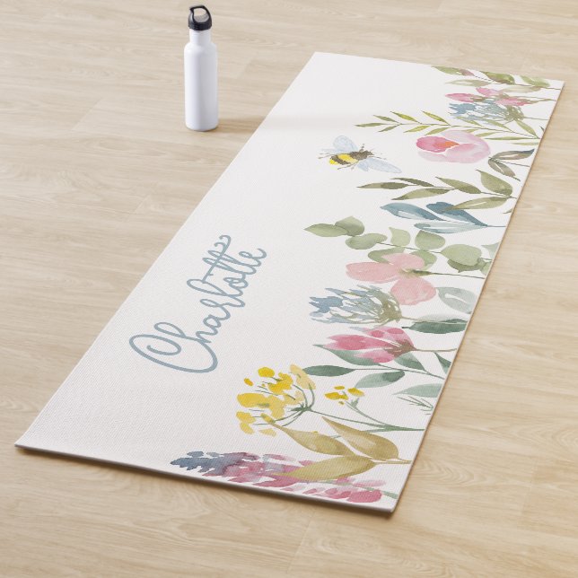 Watercolor Wild Flowers Floral Personalised Name Yoga Mat (In Situ)