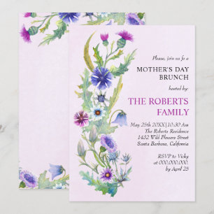 Watercolor wild flowers pink Mother's Day brunch Invitation