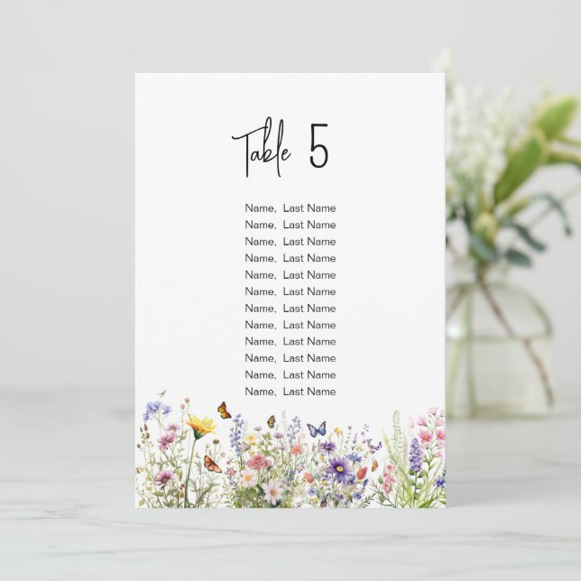 Watercolor Wild Flowers Seating chart cards (Standing Front)