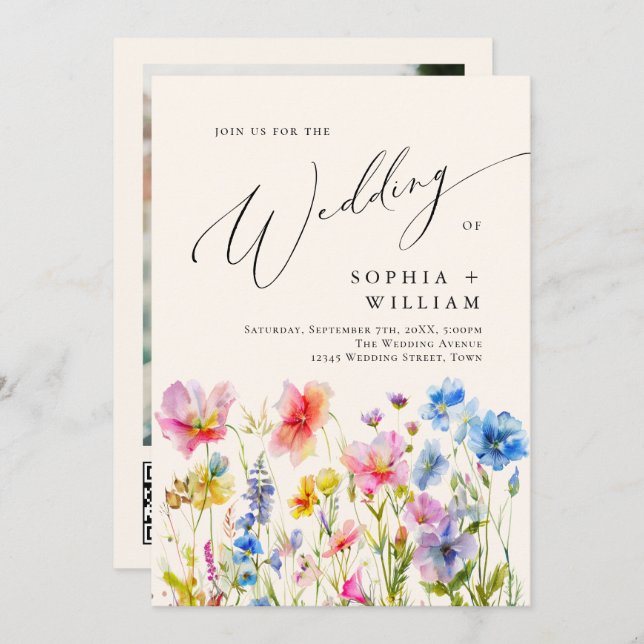 Watercolor Wild Flowers Wedding Photo QR code Invitation (Front/Back)