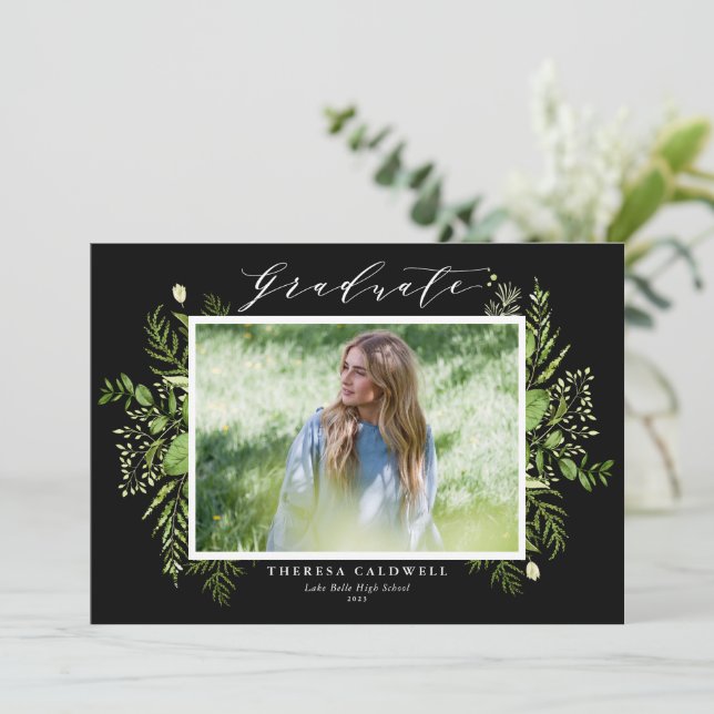 Watercolor Wild Foliage Black Photo Graduation Invitation (Standing Front)