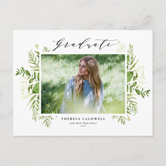 Watercolor Wild Foliage Black Photo Graduation  Postcard (Front)