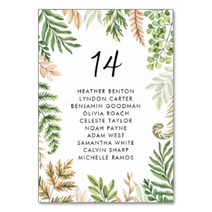 Watercolor Wild Foliage Greenery Wedding Seating Table Number