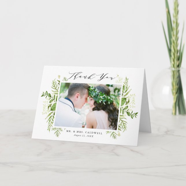Watercolor Wild Foliage Photo Wedding Thank You Card (Front)
