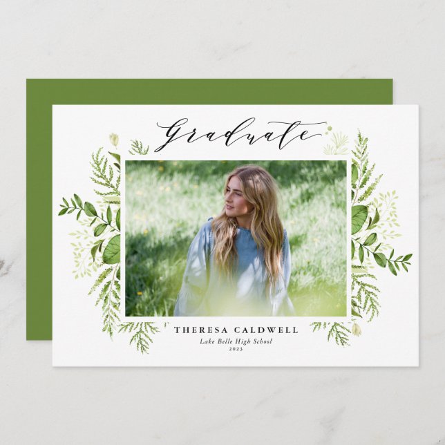 Watercolor Wild Foliage White Photo Graduation Invitation (Front/Back)