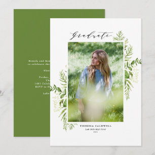 Watercolor Wild Foliage White Photo Graduation Invitation