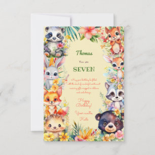 Watercolor Wild forest animals kids happy birthday Card