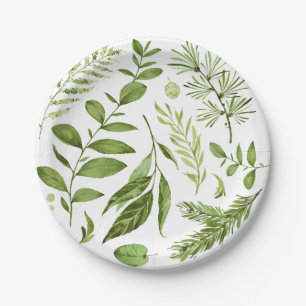 Watercolor Wild Green Foliage Leaves Cluster Paper Plate