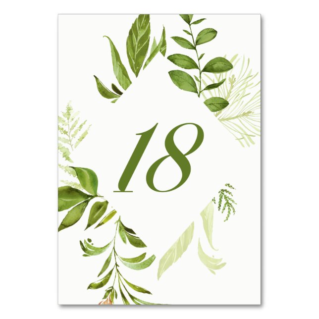 Watercolor Wild Green Foliage Table Number 18 Card (Back)