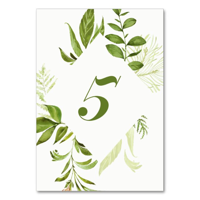 Watercolor Wild Green Foliage Table Number 5 Card (Front)