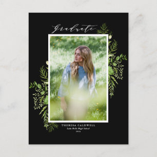 Watercolor Wild Greenery Black Graduation Postcard