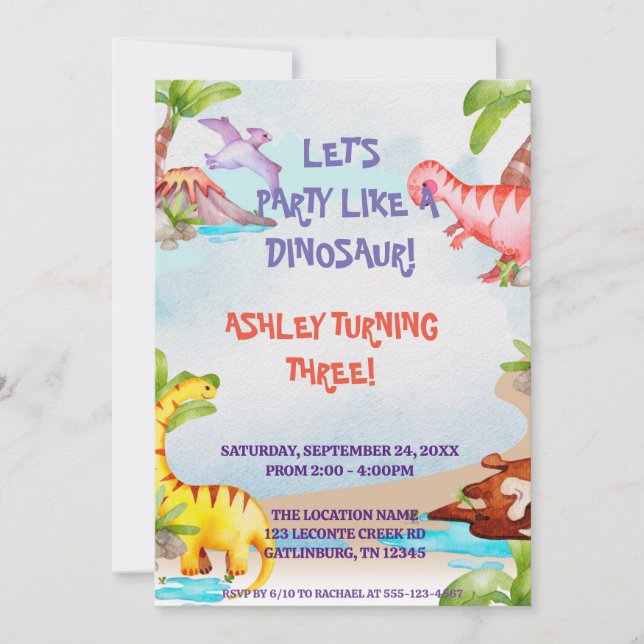 Watercolor Wild Jungle Dinosaur Birthday  Invitation (Front)