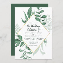 Watercolor Wild Leaves Hunter Green Wedding