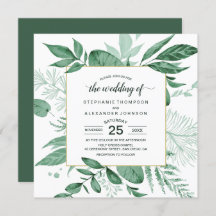 Watercolor Wild Leaves Hunter Green Wedding