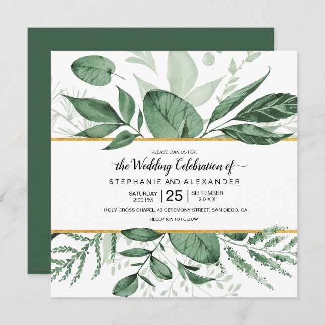Watercolor Wild Leaves Hunter Green Wedding Invitation (Front/Back)