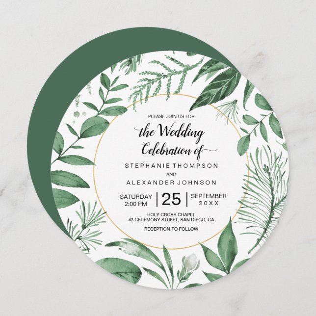 Watercolor Wild Leaves Hunter Green Wedding Invitation (Front/Back)