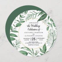Watercolor Wild Leaves Hunter Green Wedding