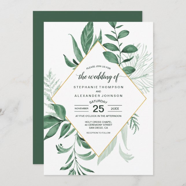 Watercolor Wild Leaves Hunter Green Wedding Invitation (Front/Back)