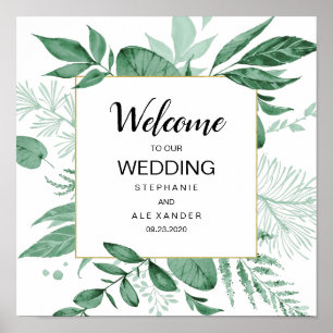 Watercolor Wild Leaves Hunter Green Wedding Poster