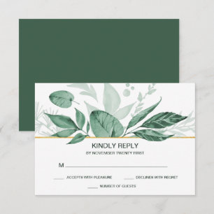Watercolor Wild Leaves Hunter Green Wedding RSVP Card