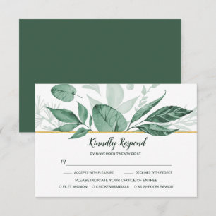 Watercolor Wild Leaves Hunter Green Wedding RSVP Card