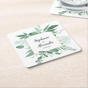 Watercolor Wild Leaves Hunter Green Wedding Square Paper Coaster