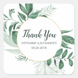Watercolor Wild Leaves Hunter Green Wedding Square Sticker