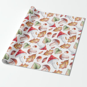 Watercolor Wild Mushrooms and Autumn Leaves Wrapping Paper